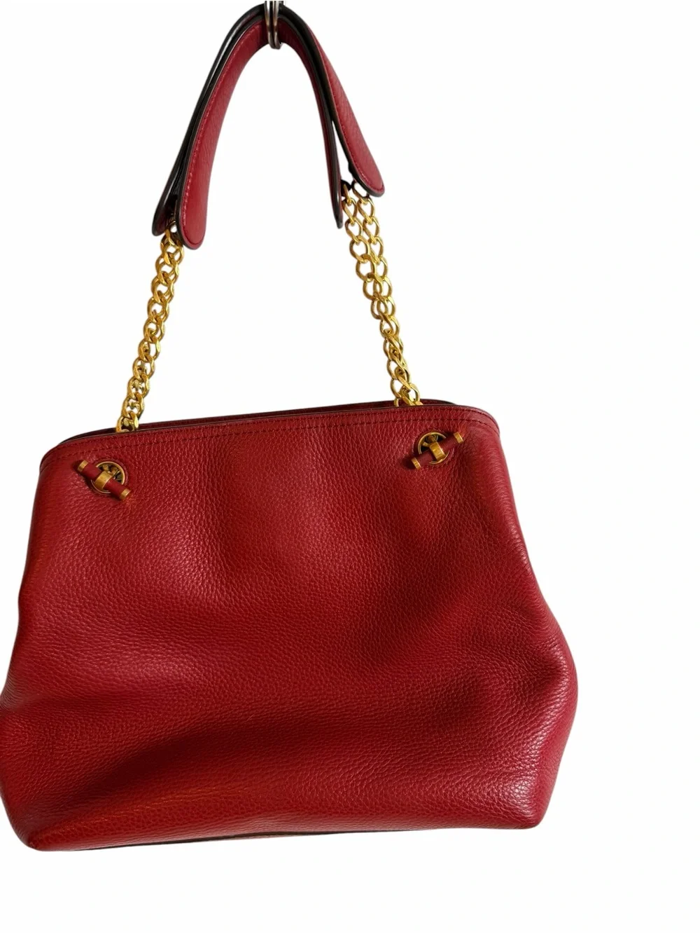 Tory Burch Deep Red Pebbled Leather Gold Chain Shoulder Tote Bag